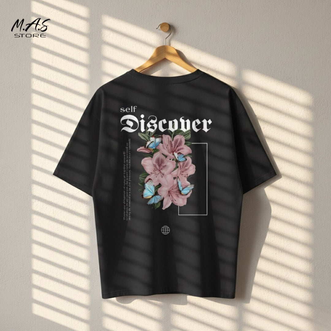 M.A.S Self Discover Floral & Butterfly Dropshoulder Tee, Pink Lily Graphic, Inner Journey Statement.