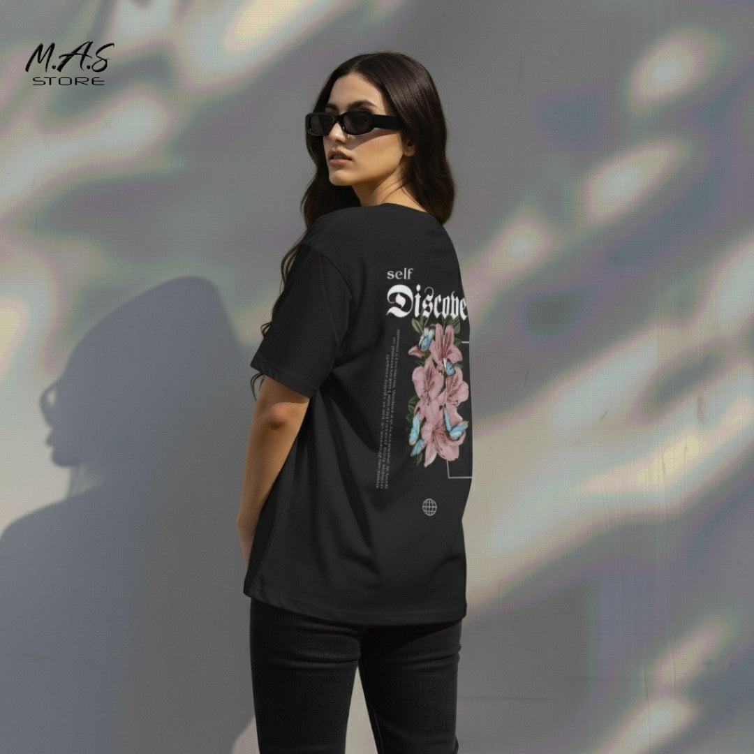 M.A.S Self Discover Floral & Butterfly Dropshoulder Tee, Pink Lily Graphic, Inner Journey Statement.