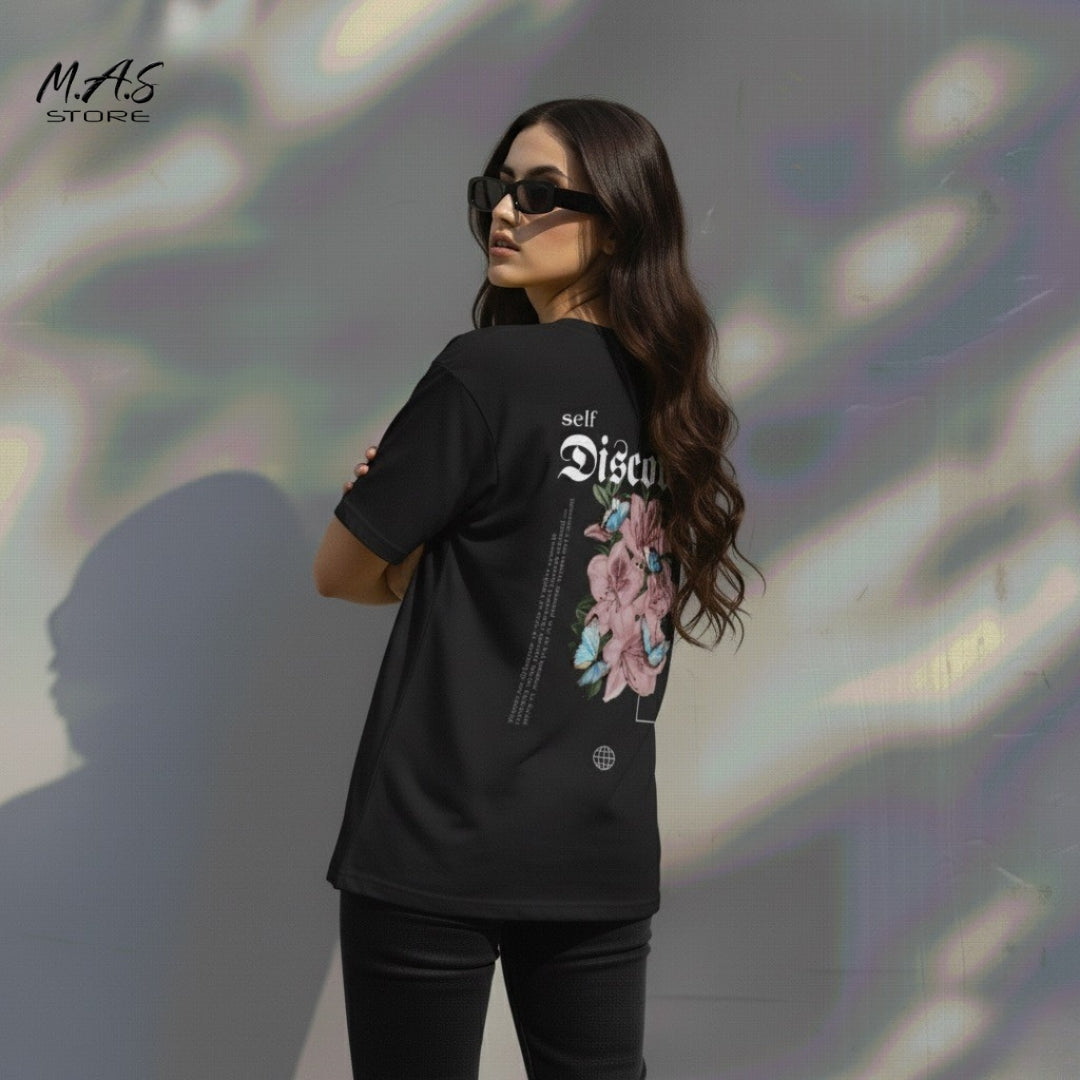 M.A.S Self Discover Floral & Butterfly Dropshoulder Tee, Pink Lily Graphic, Inner Journey Statement.