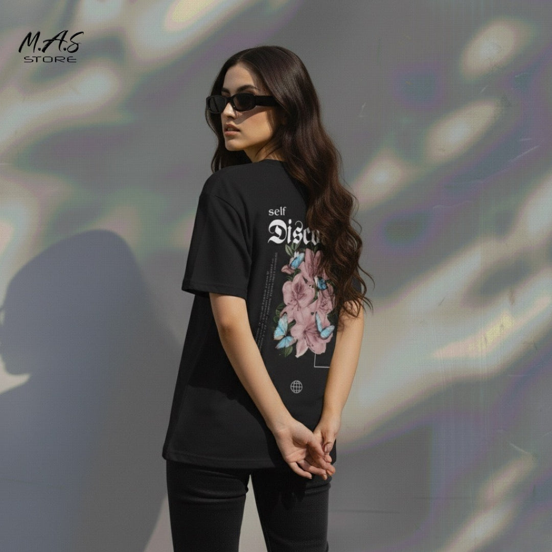 M.A.S Self Discover Floral & Butterfly Dropshoulder Tee, Pink Lily Graphic, Inner Journey Statement.