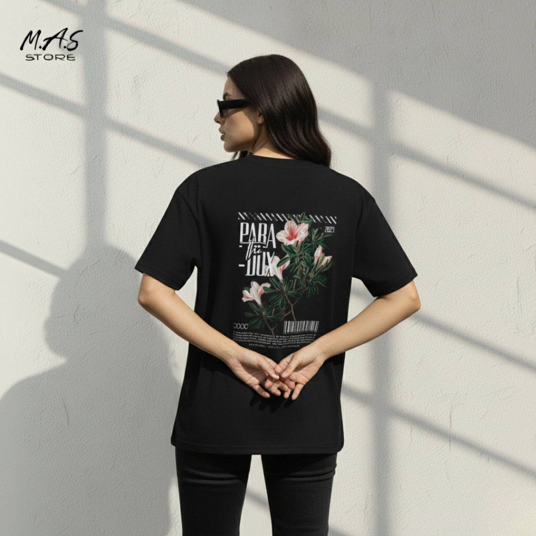 M.A.S Paradox Floral Black Dropshoulder, Streetwear Graphic Tee, Enlightened Vibe.