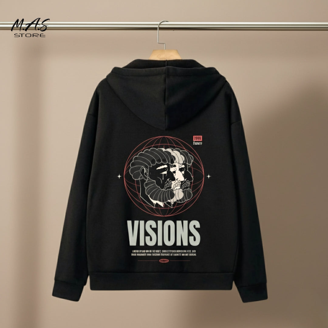 M.A.S VISIONS 99 Futurist Black Hoodie – Dual Head Sculpture Print