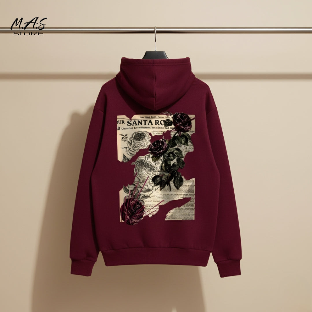 M.A.S Santa Rosa Dark Rose Hoodie, Maroon Drop shoulder Fleece, Vintage Newspaper Floral Graphic, Grunge Aesthetic.