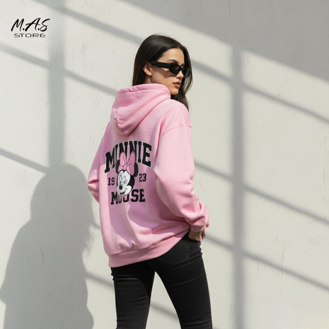 M.A.S Minnie Mouse Collegiate Hoodie, Pink Oversized Pullover, Varsity Style Graphic (1923) Disney Vibe.