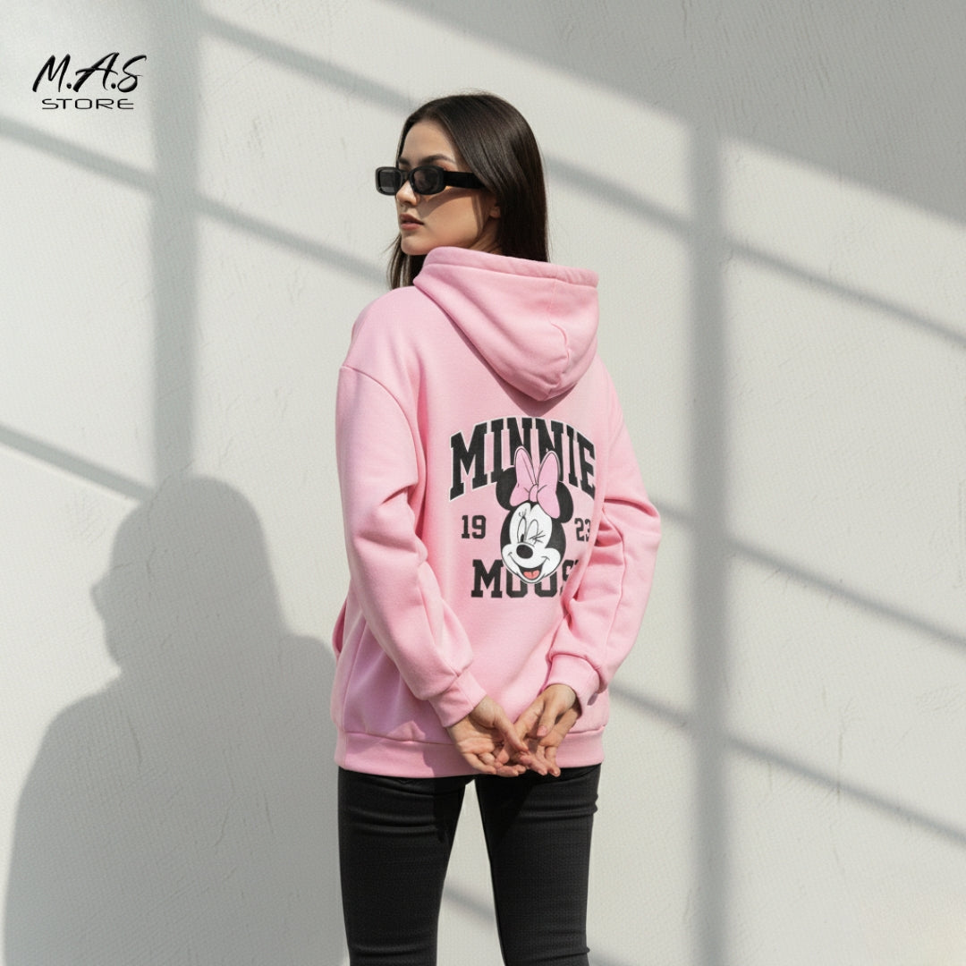 M.A.S Minnie Mouse Collegiate Hoodie, Pink Oversized Pullover, Varsity Style Graphic (1923) Disney Vibe.