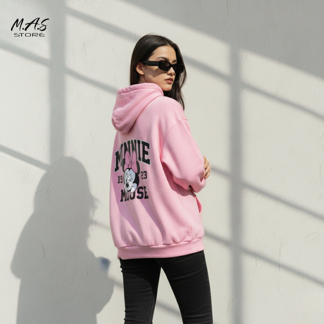 M.A.S Minnie Mouse Collegiate Hoodie, Pink Oversized Pullover, Varsity Style Graphic (1923) Disney Vibe.
