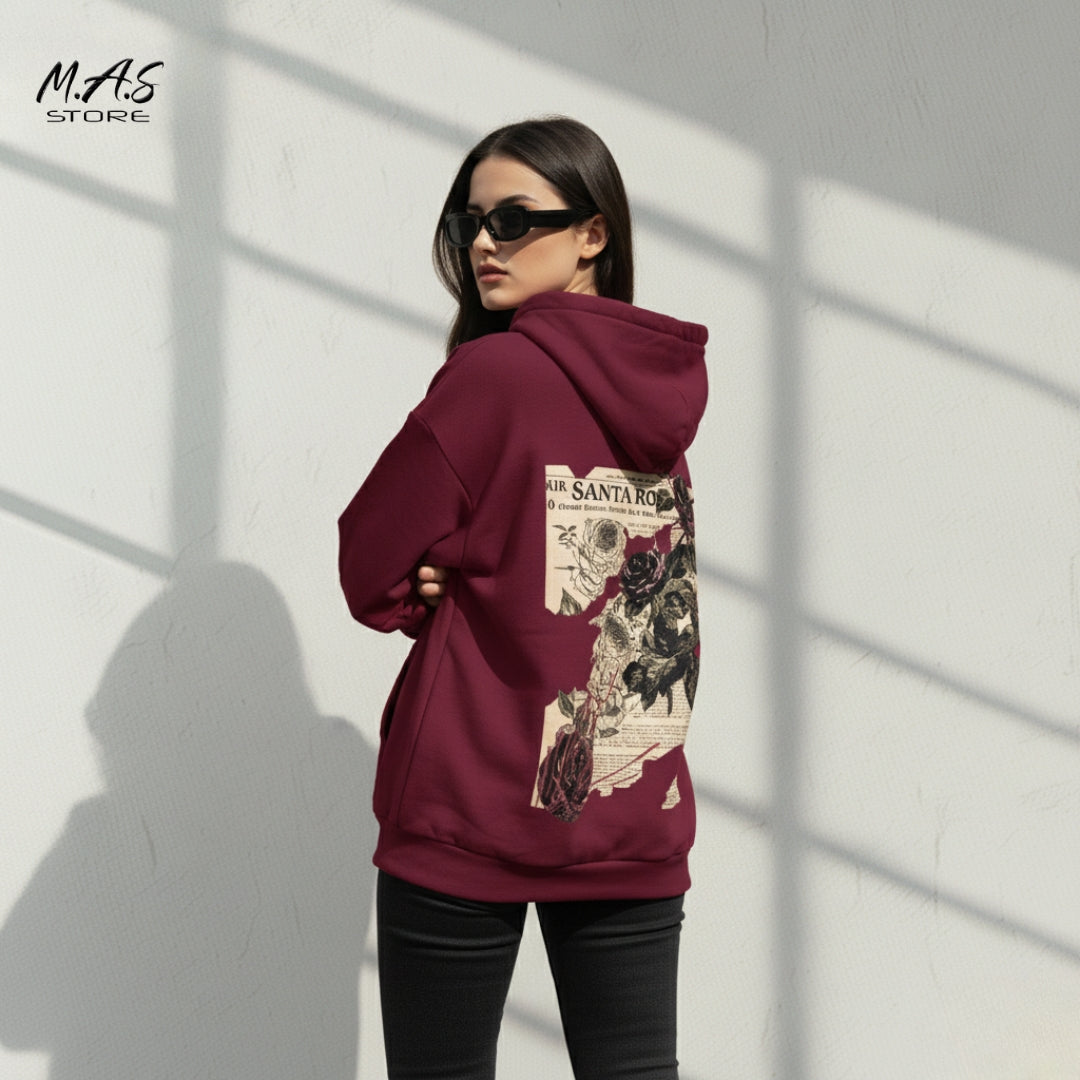M.A.S Santa Rosa Dark Rose Hoodie, Maroon Drop shoulder Fleece, Vintage Newspaper Floral Graphic, Grunge Aesthetic.