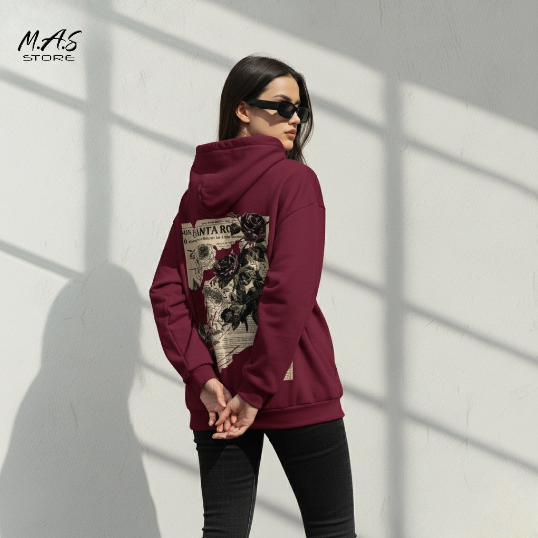 M.A.S Santa Rosa Dark Rose Hoodie, Maroon Drop shoulder Fleece, Vintage Newspaper Floral Graphic, Grunge Aesthetic.