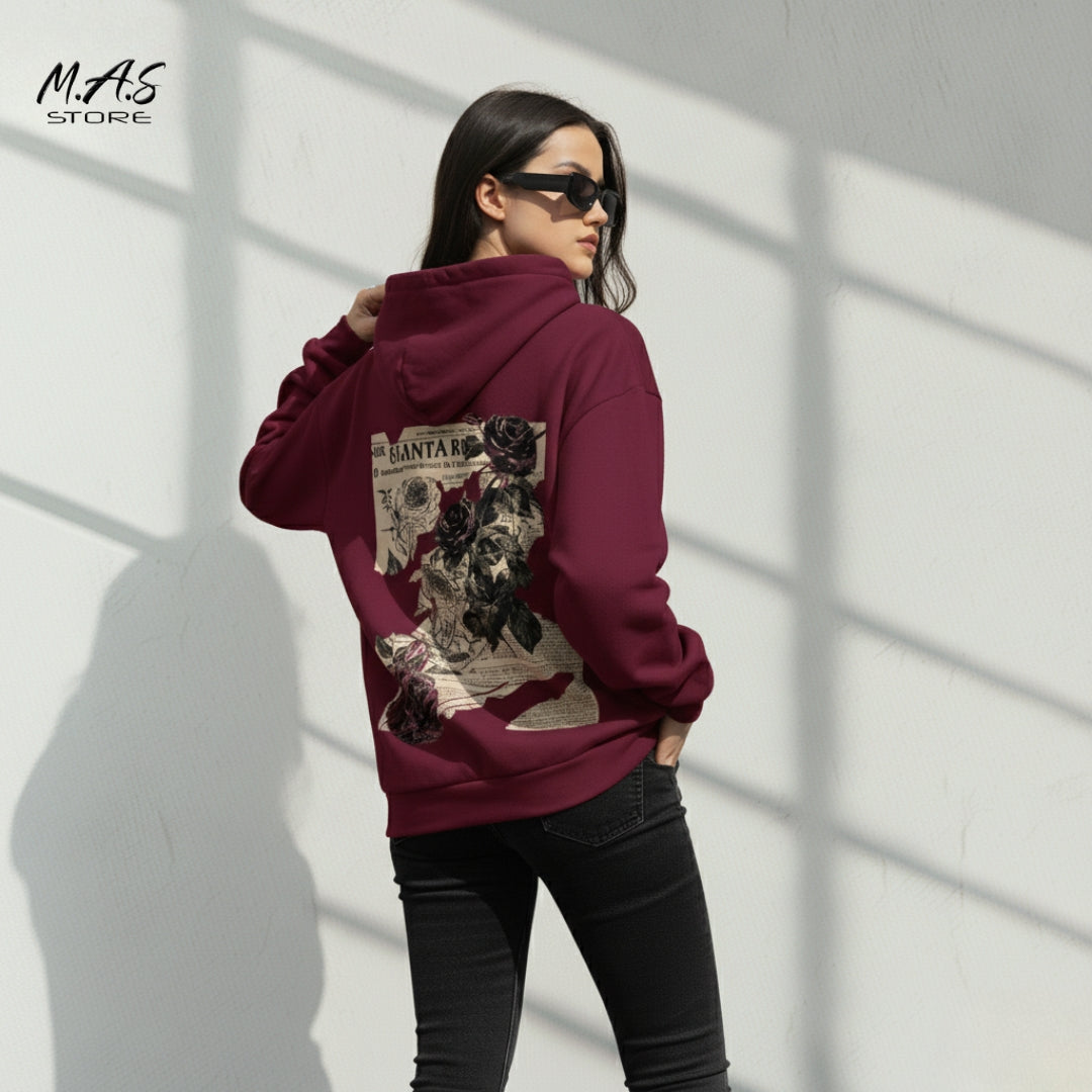 M.A.S Santa Rosa Dark Rose Hoodie, Maroon Drop shoulder Fleece, Vintage Newspaper Floral Graphic, Grunge Aesthetic.
