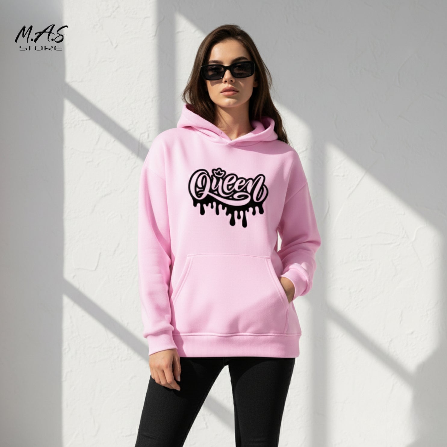M.A.S Queen Drip Pink Hoodie Crown Graffiti Statement Front Print Oversized Pullover Street Fashion
