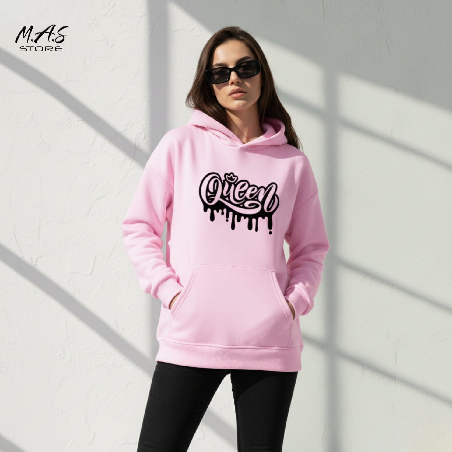 M.A.S Queen Drip Pink Hoodie Crown Graffiti Statement Front Print Oversized Pullover Street Fashion