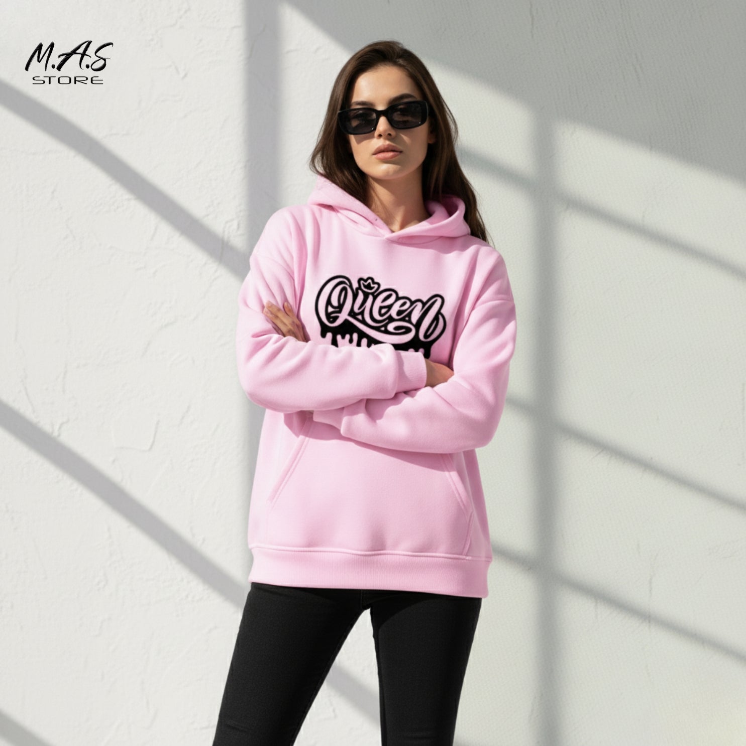 M.A.S Queen Drip Pink Hoodie Crown Graffiti Statement Front Print Oversized Pullover Street Fashion