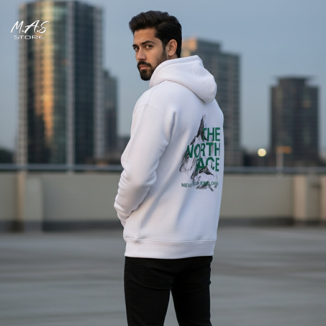 M.A.S The North Face Inspired White Raglan Hoodie  – Never Stop Exploring Edition