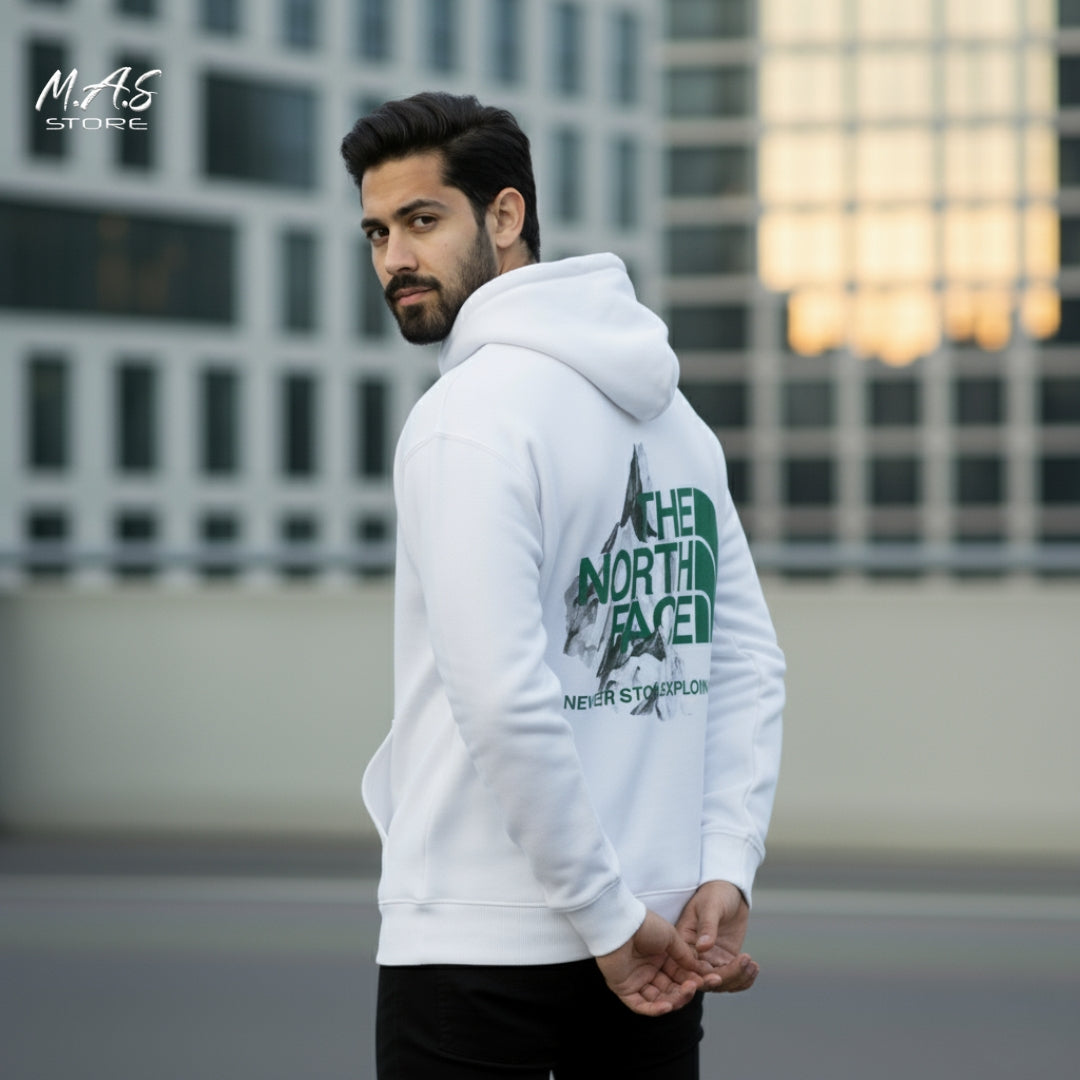 M.A.S The North Face Inspired White Raglan Hoodie  – Never Stop Exploring Edition