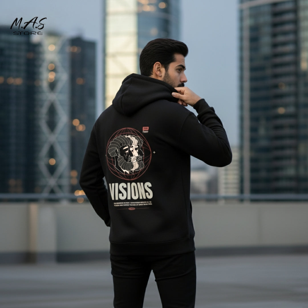 M.A.S VISIONS 99 Futurist Black Hoodie – Dual Head Sculpture Print