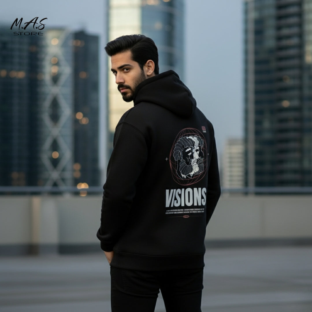 M.A.S VISIONS 99 Futurist Black Hoodie – Dual Head Sculpture Print