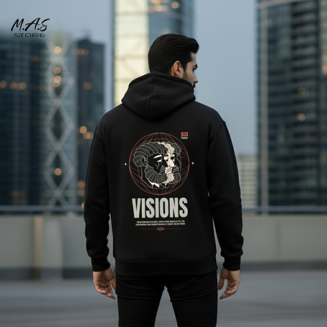 M.A.S VISIONS 99 Futurist Black Hoodie – Dual Head Sculpture Print