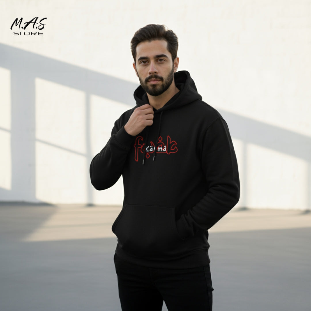 M.A.S Kärmä Black Hoodie – Red Calligraphy Script
