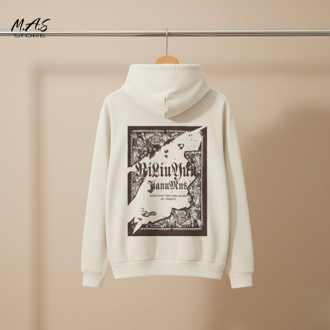 M.A.S Vintage Tapestry Cream Hoodie – Gothic Script Print