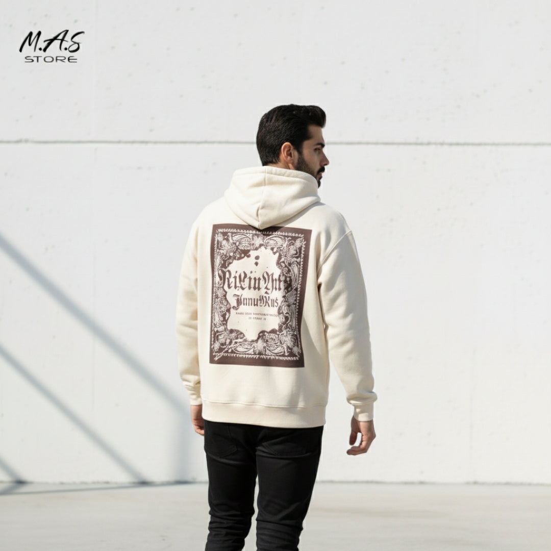 M.A.S Vintage Tapestry Cream Hoodie – Gothic Script Print