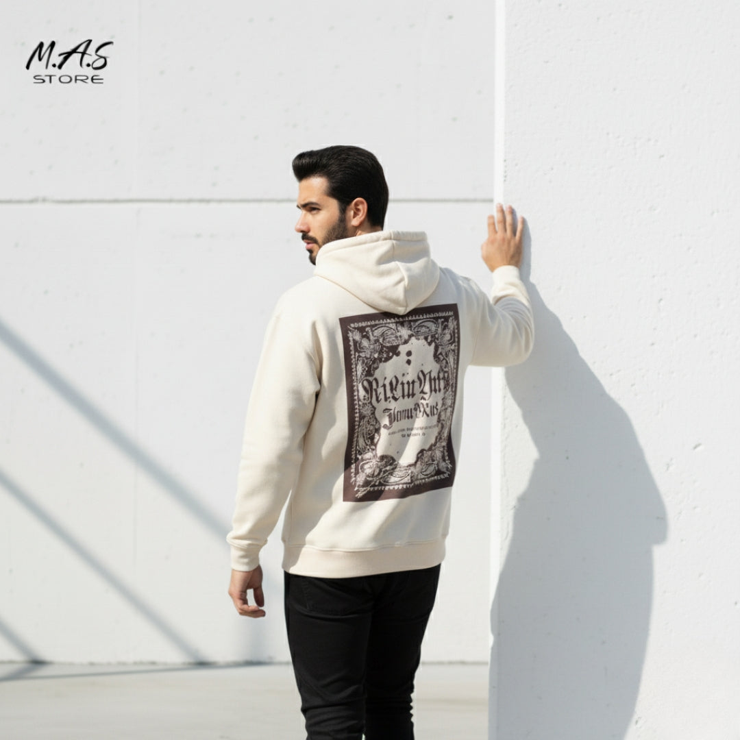 M.A.S Vintage Tapestry Cream Hoodie – Gothic Script Print