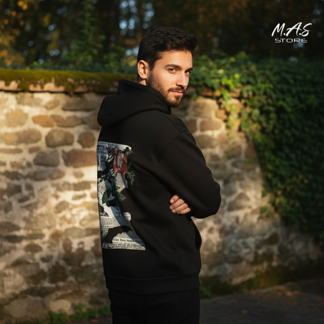 M.A.S. Baroque Rose Print Hoodie Intense rose and newspaper overlay