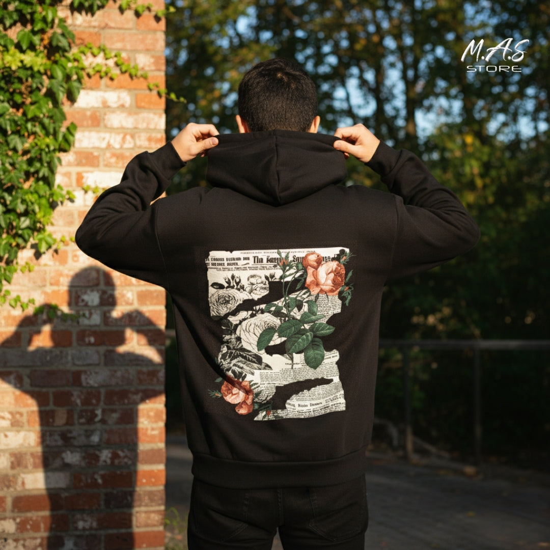 M.A.S. Baroque Rose Print Hoodie Intense rose and newspaper overlay
