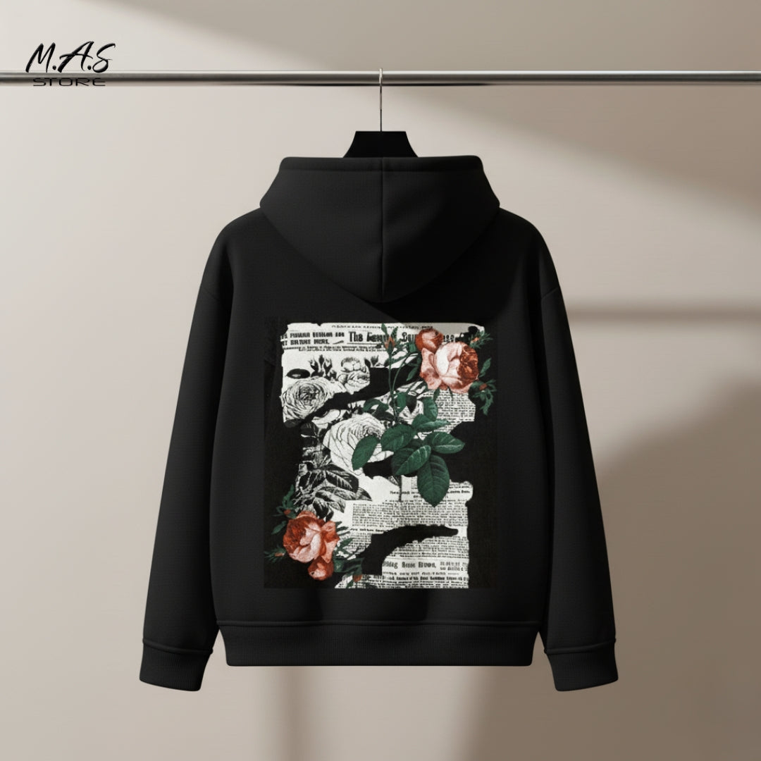 M.A.S. Baroque Rose Print Hoodie Intense rose and newspaper overlay